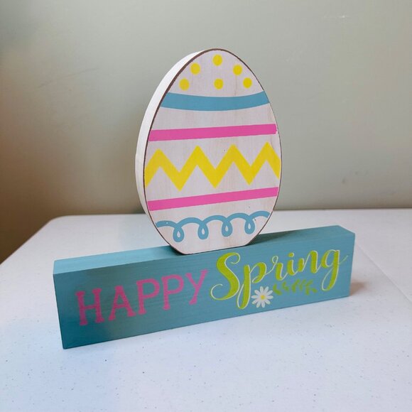 Happy Spring Happy Easter decoration 2 pieces reversible wood blocks display - Picture 15 of 16